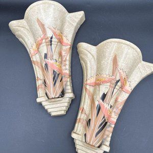 Art Deco Floral Hand Painted Ceramic Wall Pockets by Adrian Pottery England, 2